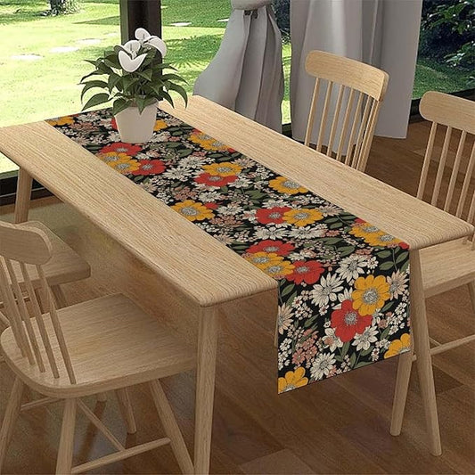 Boho Floral Table Runner, Colorful Vintage Flower Bohemian Floral Print Table Decor for Home Kitchen Dining Patio Holiday Party Indoor Outdoor Table Decorations 13x90 inch