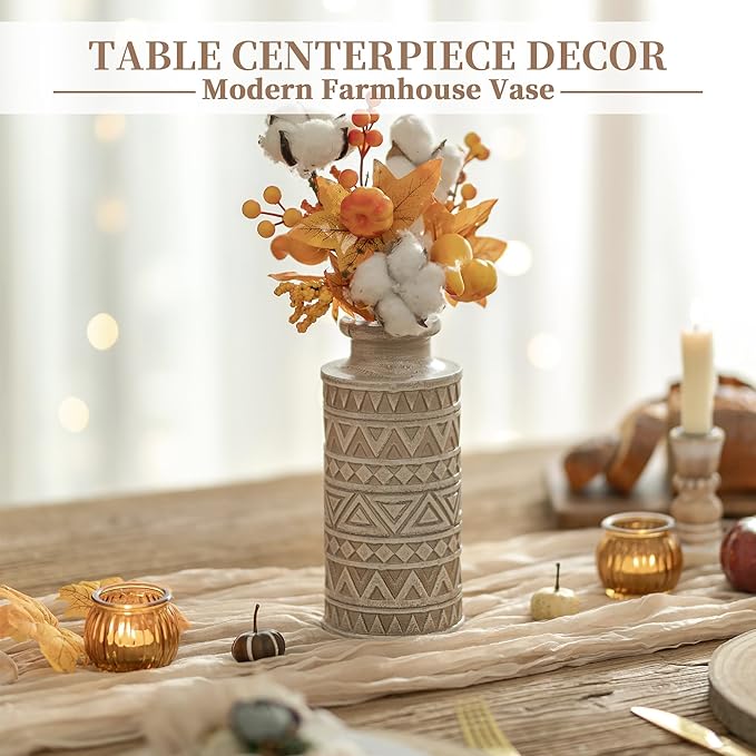 Hanobe Boho Vases Home Decor: Rustic Farmhouse Wood Vase for Living Room Kitchen Dining Table Centerpiece Aesthetic Carved Patterns Fall Decorations Bathroom Bedroom Office Accents