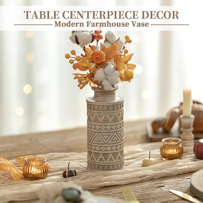 Hanobe Boho Vases Home Decor: Rustic Farmhouse Wood Vase for Living Room Kitchen Dining Table Centerpiece Aesthetic Carved Patterns Fall Decorations Bathroom Bedroom Office Accents