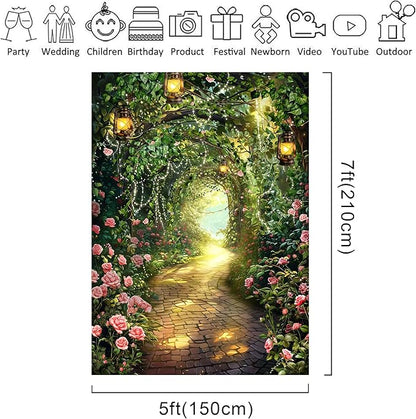 Riyidecor Fairy Princess Backdrop Wonderland Garden Pink Rose Lights Greenery Enchanted Woodland 5Wx7H Feet Photography Background Bridal Shower Birthday Wedding Photo Studio Shoot Polyester Fabric