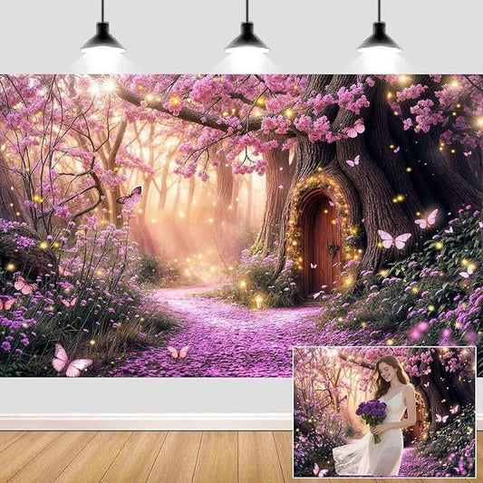 15X10ft Enchanted Forest Backdrop Fairy Tale Purple Garden Wonderland Tree House Floral Background for Kids Girl Baby Shower Birthday Party Decoration Banner Cake Table Photo Booth Props
