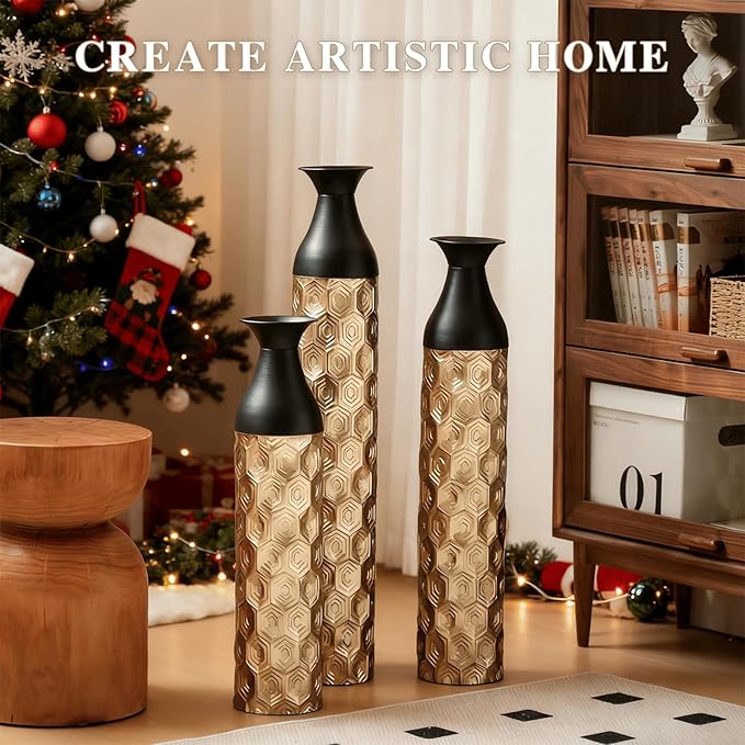 Set of 3 Large Floor Vases, Modern Gold Black Metal Vases for Home Decor, Glazed Decorated Tall Vases 24.8 29 33.8 Inch for Wedding Living Room