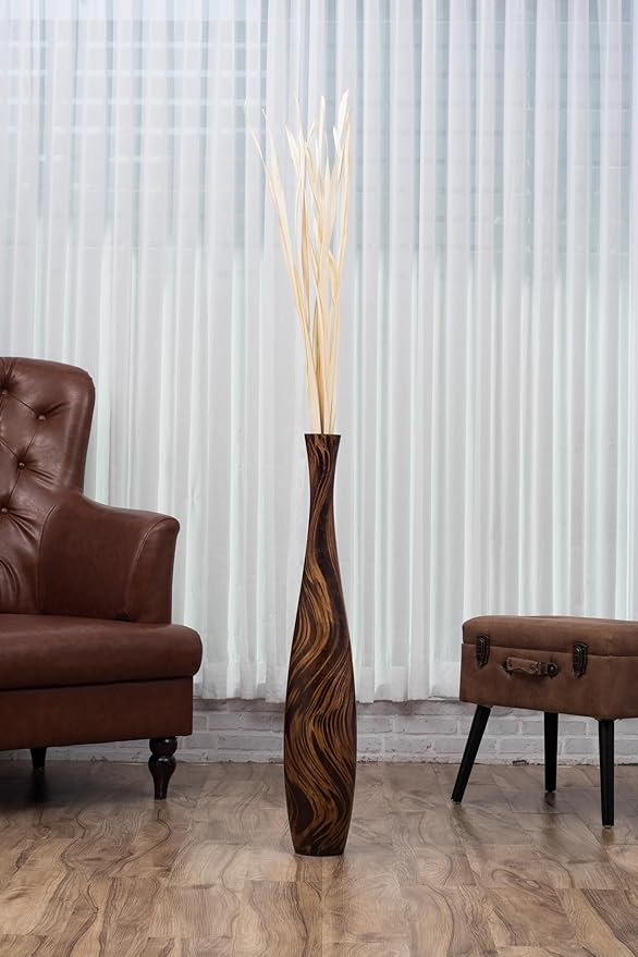 Leewadee Large Brown Light Brown Home Decor Floor Vase – Wooden 34 inches Tall Farmhouse Decor Flower Holder for Fake Plant and Pampas Grass