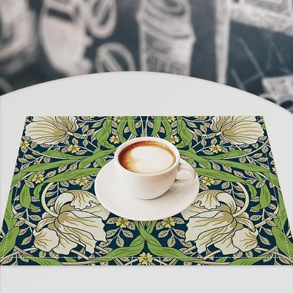 William Morris Flower Placemats Set of 6, Retro Boho Botanical Plant Place Mats, Heat Resistant Non Slip Cotton Linen Dining Table Mats for Home Kitchen Party 18x12 Inch