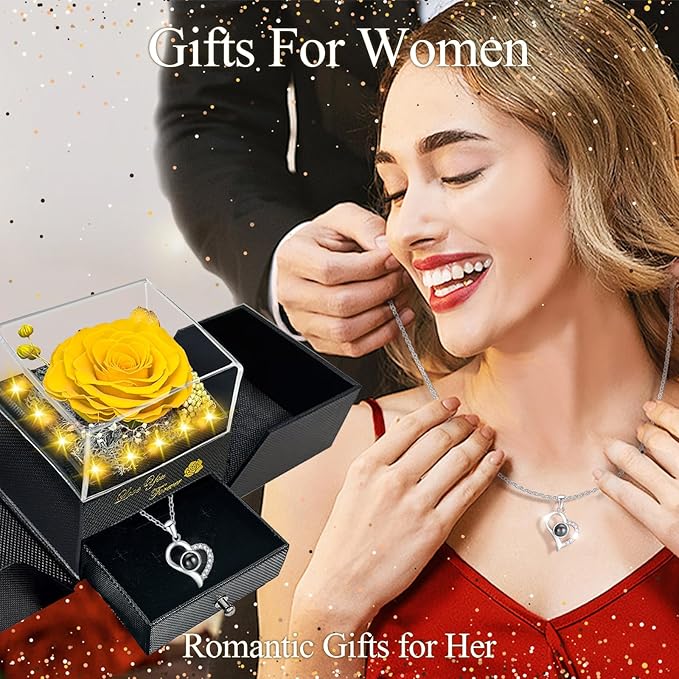 Preserved Real Rose-Eternal Flowers Rose Mothers Day for Mom Women Her Wife Girlfriend on Birthday Valentines with I Love You Necklace 100 Languages Romantic Gift (Yellow)