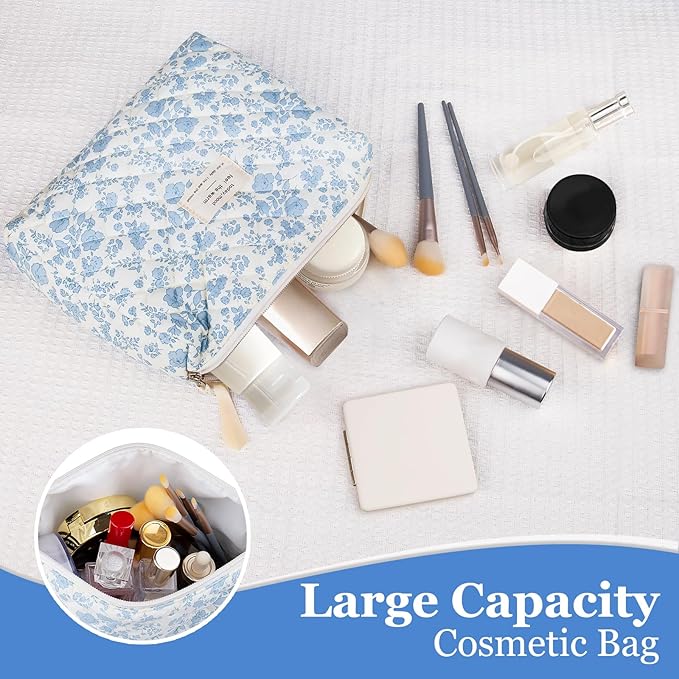 Floral Makeup Bag, Large Cosmetic Bag for Women Girls, Cute Cotton Make up Pouch, Quilted Makeup Bags, Flower Travel Toiletry Organizer Bag(Blue Floral)