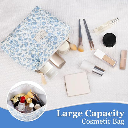 Floral Makeup Bag, Large Cosmetic Bag for Women Girls, Cute Cotton Make up Pouch, Quilted Makeup Bags, Flower Travel Toiletry Organizer Bag(Blue Floral)