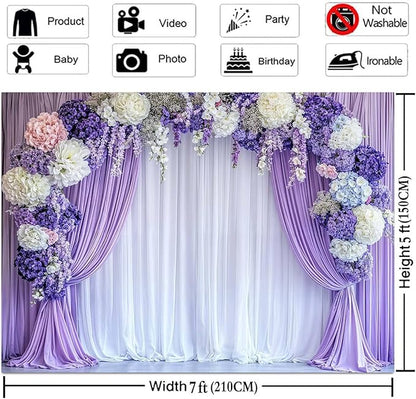 8 x 6 ft Flower Photo Backdrop Floral Purple Photography Background White Curtain Spring Wedding Baby Shower Girl Princess Birthday Party Supplies Photo Studio Props