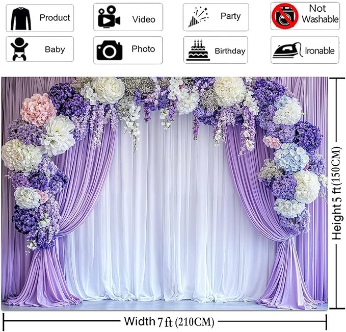 12x8ft Flower Photo Backdrop Floral Purple Photography Background White Curtain Spring Wedding Baby Shower Girl Princess Birthday Party Supplies Photo Studio Props