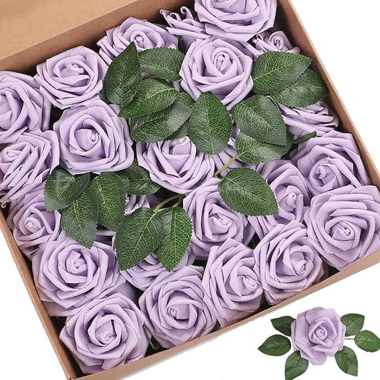 Artificial Flowers Roses 50pcs Lilac Roses Wedding Decoration Real Looking Fake Roses w/Stem for DIY Wedding Bouquets Centerpieces Arrangements Party Baby Showers Home Decorations (Lilac, 50 pcs)