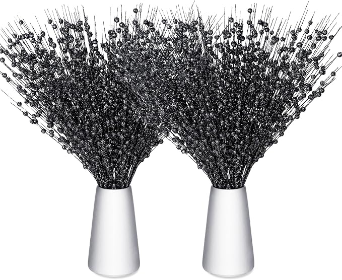 Geosar 30 Pcs Christmas Artificial Glitter Berry Stem Decorations 17 Inch Faux Stick Floral Pick Centerpiece Bouquet Flower Bead Twigs for Centerpiece Tree Wreath Xmas Ornaments Home(Black)