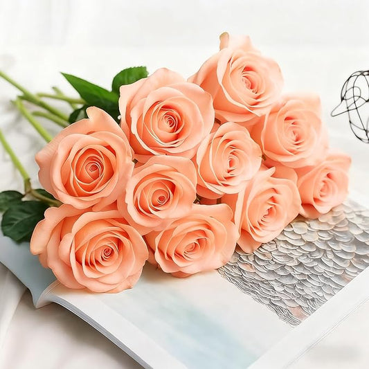 Tangerine Pink Roses Artificial Flowers 15 PCS, Fake Roses Silk Flowers with Long Stems, Faux Rose for Wedding Centerpieces, Home Decor, Party Decor, DIY Bouquet (Tangerine Pink)