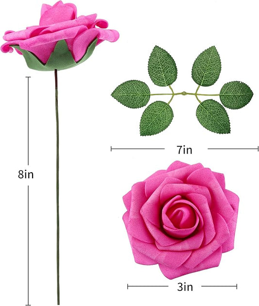 DuHouse 50Pcs Artificial Roses Flowers Fake Roses with Stems Real Touch Foam Flowers for DIY Wedding Bouquet Baby Shower Centerpiece Floral Arrangement Party Home Decor(Hot Pink)