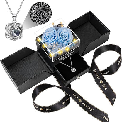 2 Preserved Real Rose with Heart I Love You Necklace- Eternal Rose Birthday Gifts for Women Wife Girlfriend Her Mom on Festivals Gifts Christmas Valentines Mothers Day Anniversary-Sky Blue Roses