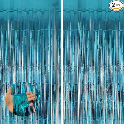 Keyali 2 Pack 3.3 * 8.3 ft Foil Curtain Metallic Tinsel Fringe Curtains Photo Booth Props Backdrop for Birthday Wedding Engagement Baby Shower Christmas Holiday Celebration Partyl,Light Blue