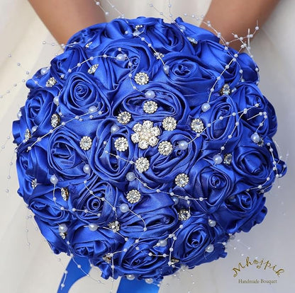Bridal Wedding Bouquet Round Bling Brooch Bouquet Throw Toss Artificial Rose Flower Bunch for Bride Bridesmaid Wedding Quinceanera(Royal Blue, 8.7")