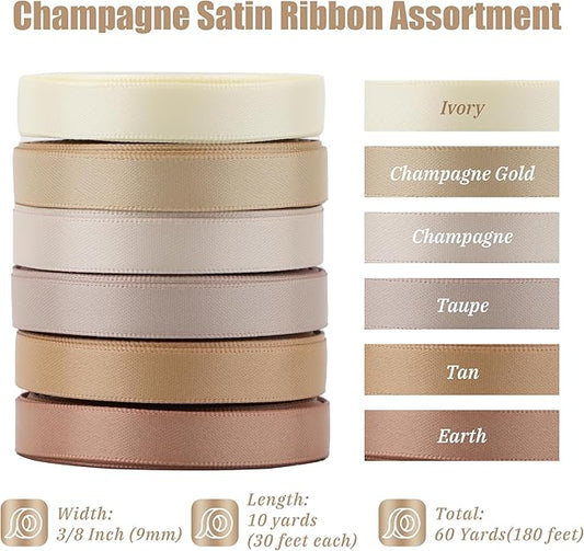 Champagne Gold Ribbon - 3/8" Double Face Satin Ribbon Assortment - 6 Rolls, 60 Yards for Crafts, Wedding, Baby Shower Decoration, Gift Wrapping, Invitations