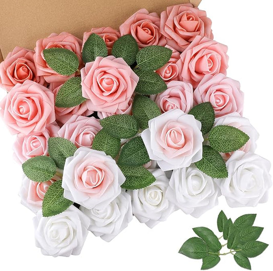 AmyHomie 25pcs Real Looking Artificial Shades of Blush Roses w/Stem for DIY Wedding Bouquets Centerpieces Arrangements Party Baby Shower Valentines Day Christmas Tree Decorations