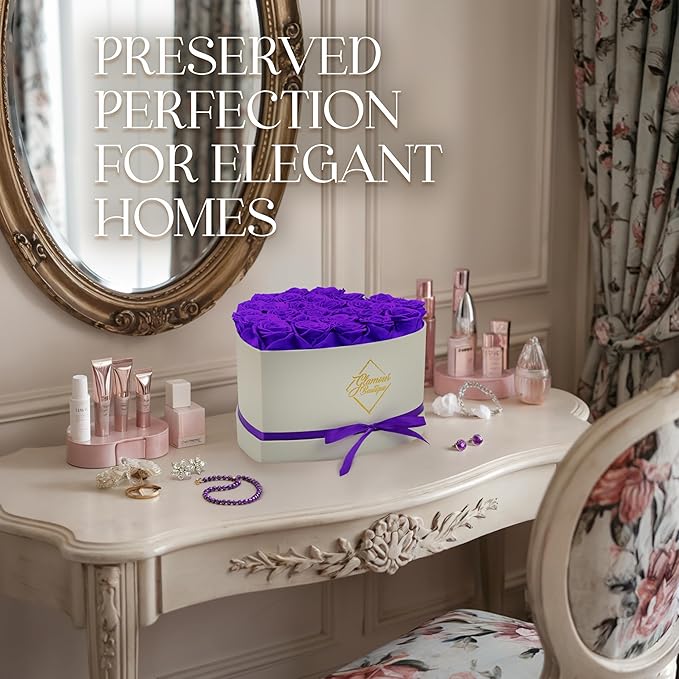 GLAMOUR BOUTIQUE Preserved Roses in a Box - Gifts for Her, Wife & Mom, Rose Flowers Forever Decor for Birthday Gift, Get Well Flower Bouquet Cased in White Box with Cover - Purple - 27-Piece