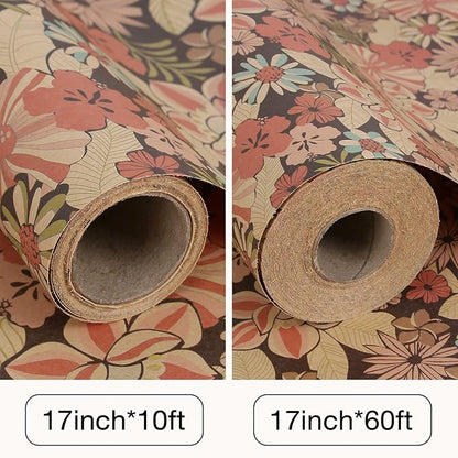 Aimyoo Kraft Floral Wrapping Paper Roll, All Occasion Vintage Flower Gift Wrap for Wedding Birthday Bridal Shower, 17 inch x 10 ft