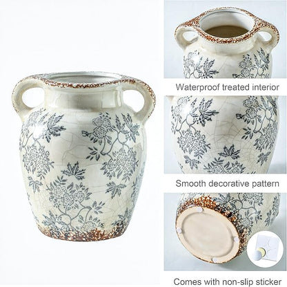 Enra Vintage vase with Handle,Blue and White Ceramic Decorative Flower vase, Chinoiserie Floral Vase,Large Rustic Vases for Home Decors, Living Room, Bookshelf, Office,7.8 in