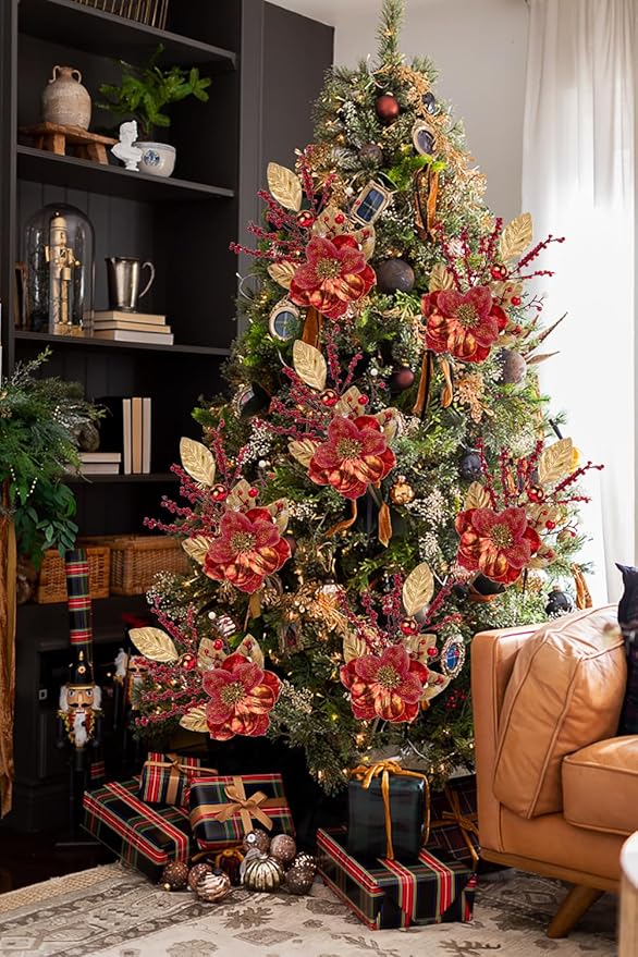 Briful 2PCS Christmas Glitter Magnolia Flowers Picks and Spray with Christmas Balls Ornament Red Berries Gold Leaves Branches for Xmas Tree Wreath Vase Floral Arrangement (Red Gold)