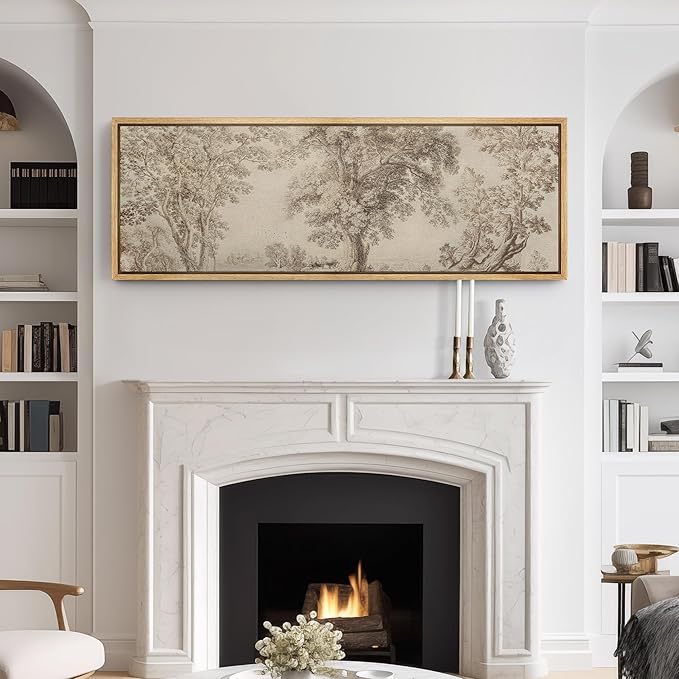 SIGNFORD Large Framed Canvas Print Wall Art Vintage Arboreal Trees in an Etching Illustrations Modern Art Relax/Calm Warm for Living Room, Bedroom, Office - 60"x20"
