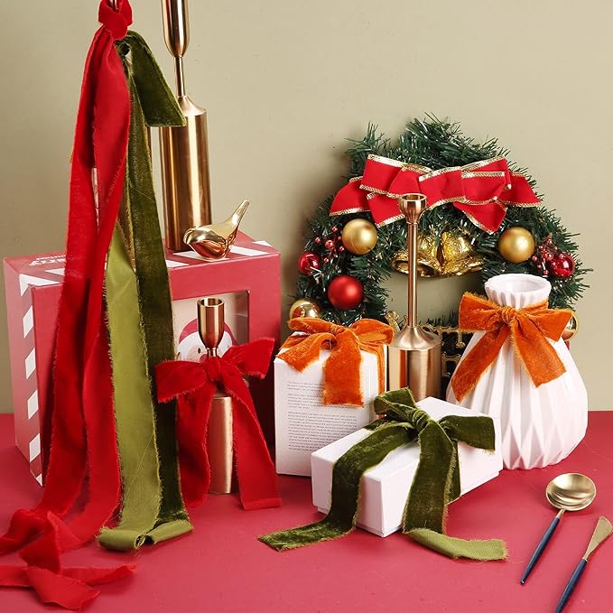 Velvet Ribbon for Gift Wrapping Terracotta Handmade Fringe Ribbons for Crafts Bouquet Fall Decorations 2 Rolls 1 1/2 Inch x 2 Yd (4 Yards Total)