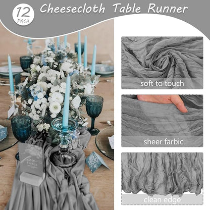 Fivenl 12 Pack Cheesecloth Table Runner 35x72 Inch Boho Gauze Table Runner Rustic Cheese Cloth Long Table Runner Romantic Table Runner for Wedding Bridal Shower Birthday Party Table Decor (Gray)