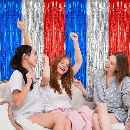 2 Pack 3.2 x 8.2 ft Red White and Blue Foil Fringe Backdrop Curtain, Streamer Backdrop Tinsel Curtains Photo Booth Props for Graduation Birthday Memo