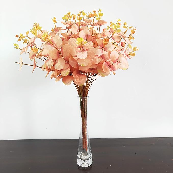 19" Faux Flowers Artificial Silk Silver Dollar Eucalyptus Stems Fake Plant for Vase Home Wedding Decor 3 Pcs (Pink)