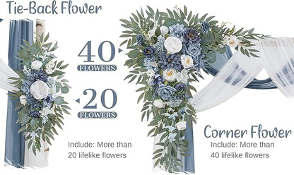 Wedding Arch Flowers with Drapes Kit (Pack of 4) - 2pcs Artificial Dusty Blue Deluxe Swag with 2pcs Sheer Drapes for Wedding Ceremony Arbor Reception Backdrop Rose Floral Decoration