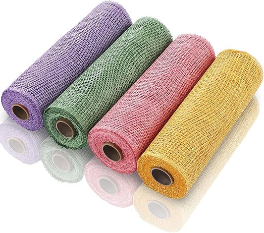 Chuangdi 4 Rolls Easter Poly Burlap Mesh Poly Burlap Deco Ribbon Mesh Roll for Spring Summer DIY Flower Wreath Garland, 10 Inch