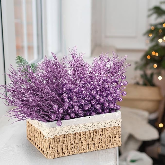 75 Pcs Christmas Glitter Branches 3 Styles Artificial Christmas Picks Berries Stems Pine Needles Floral Twig Spray for Xmas Tree Ornaments DIY Wreath Garland(Purple)