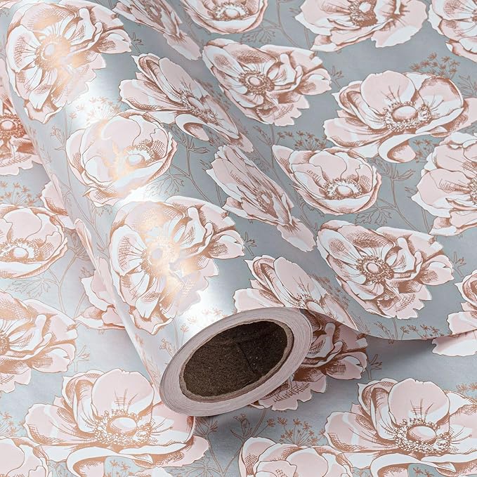 WRAPAHOLIC 30 Inch Reversible Floral Wrapping Paper - 30 Inch X 33 Feet - Sliver Flower Wrapping Paper for Wedding, Birthday, Valentines' Day, Baby Shower, Anniversary, Bridal Shower