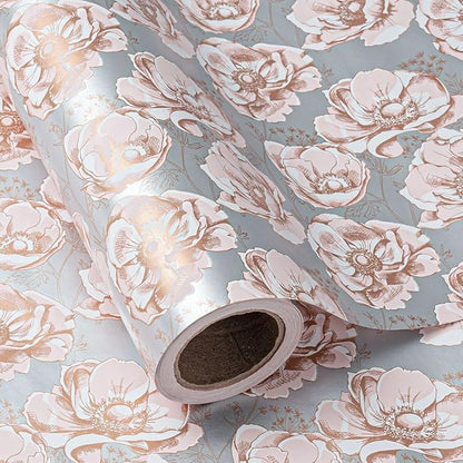 WRAPAHOLIC 30 Inch Reversible Floral Wrapping Paper - 30 Inch X 33 Feet - Sliver Flower Wrapping Paper for Wedding, Birthday, Valentines' Day, Baby Shower, Anniversary, Bridal Shower