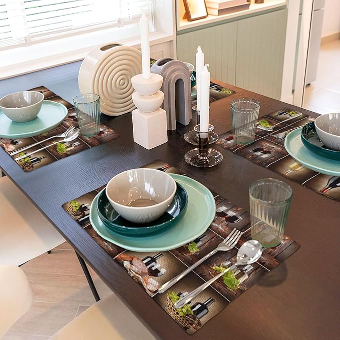 Wine Linen Placemats Set of 4 Retro Country Red Wine Print Modern Art Placemat Indoor Outdoor Party Home Desktop Kitchen Dining Room Decoration 12x18 Inch
