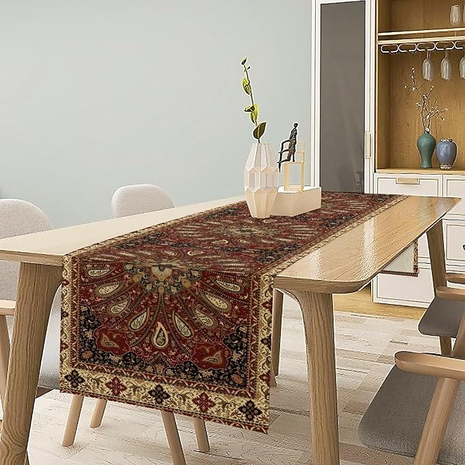 Boho Paisley Table Runner, Classic Traditional Red Gold Mandala Vintage Farmhouse Decor Table Runner for Kitchen Dining Festive Holiday Party Wedding Gathrting, 13x108 Inch