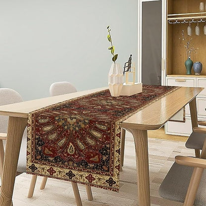 Boho Paisley Table Runner, Classic Traditional Red Gold Mandala Vintage Farmhouse Decor Table Runner for Kitchen Dining Festive Holiday Party Wedding Gathrting, 13x36 Inch
