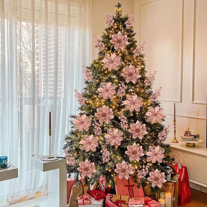 22 Pcs Rose Gold Christmas Poinsettia Artificial Flowers and Glitter Berries Stems Kit, Christmas Poinsettias Decorations and Christmas Tree Ornaments for Xmas Home Wedding Holiday Tree Decor