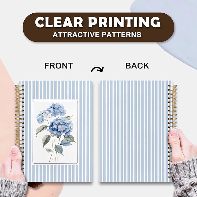 VIIJJUE Blue Hydrangea Stripe Notebook Journal, Hydrangea Gifts, Blue Notebook Office Supplies, Hardcover Spiral Journal 5.5x8.3 Inch