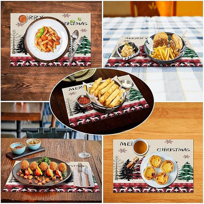Christmas Placemats Rustic Farmhouse Red Buffalo Plaid Elk Christmas Tree Winter Snowflake Placemats Table Kitchen Dining Party 12x18 Inch Set of 6