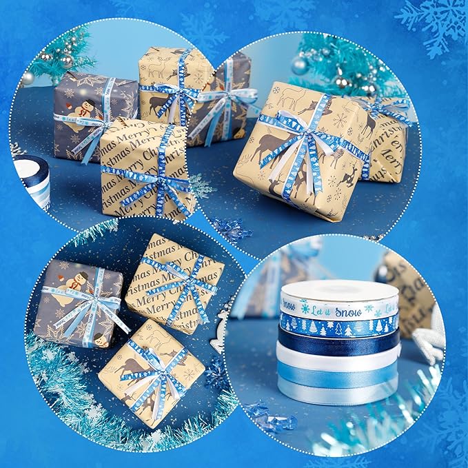 6 Rolls Winter Blue Snowflake SnowmanChristmas Ribbon for Crafts Xmas Crafts Wreath DIY Making Supplies for Gift Wrapping Bow Decoration
