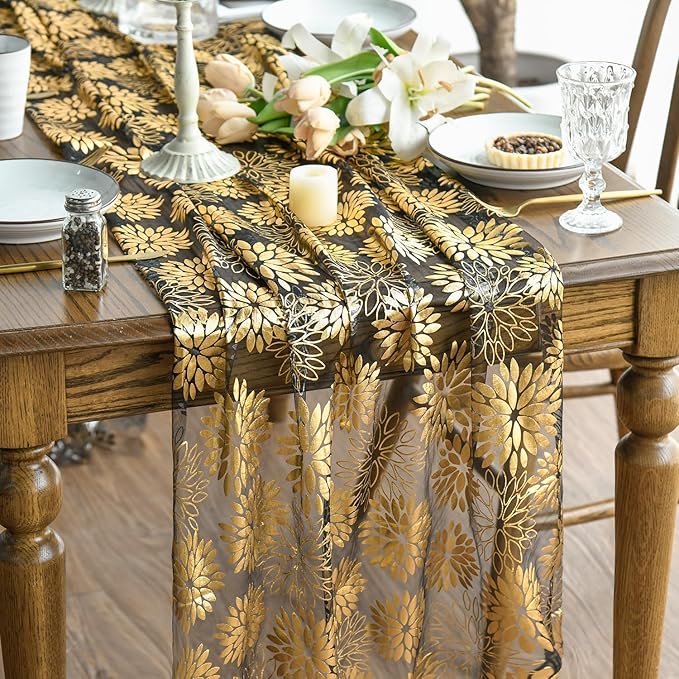 Artoid Mode Black Gold Dahlia Flower Gauze Table Runner 120 Inch 10FT, Glitter Metallic Foil Seasonal Sheer Dining Holiday Table Decor for Home Party