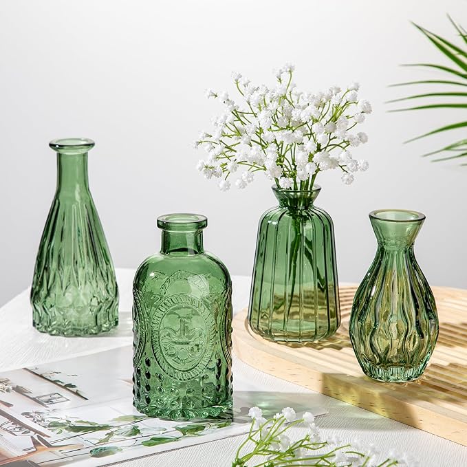 Glass Bud Vases Set of 20, Small Flower Vase in Bulk for Centerpieces, Mini Vintage Peacock Green Vases for Rustic Wedding Vintage Home Table Decor