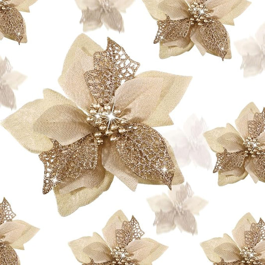 WILLBOND 36 Pieces Christmas Poinsettia Glitter Faux Flowers Christmas Artificial Flowers Tree Ornaments Topper Xmas Decorations(Champagne)