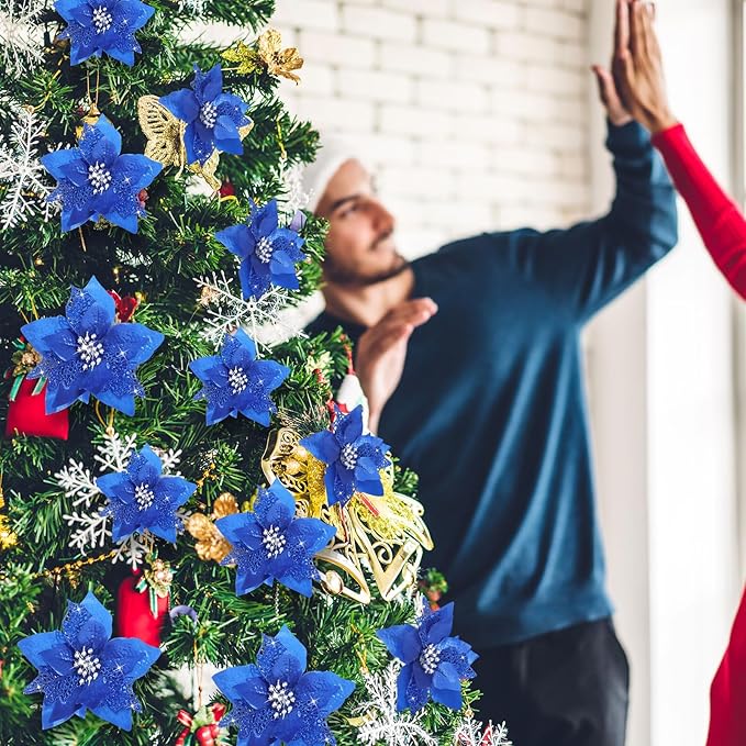 Boao 24 Pieces Christmas Artificial Glitter Poinsettia Flowers Xmas Flowers Wedding Christmas Tree New Year Ornaments(Royal Blue)