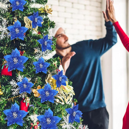 Boao 24 Pieces Christmas Artificial Glitter Poinsettia Flowers Xmas Flowers Wedding Christmas Tree New Year Ornaments(Royal Blue)