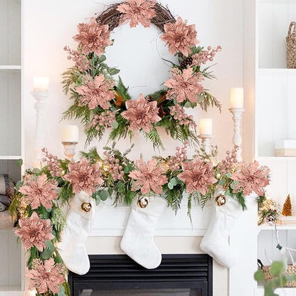 22 Pcs Rose Gold Christmas Poinsettia Artificial Flowers and Glitter Berries Stems Kit, Christmas Poinsettias Decorations and Christmas Tree Ornaments for Xmas Home Wedding Holiday Tree Decor