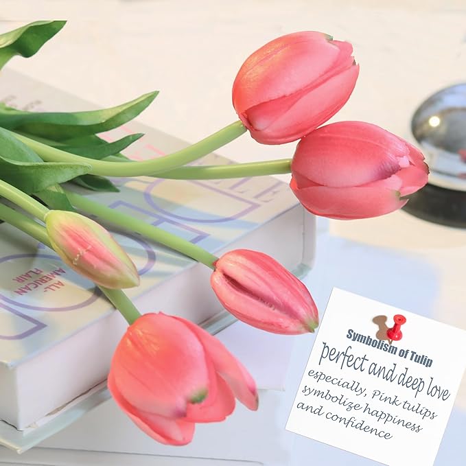 20pcs Artificial Tulip Flowers,16 Inch Real Touch Tulip Stems with Faux Leaves, Faux Tulips and Buds for Home Décor Centerpiece Ornament Wedding Bouquet,Deep Pink